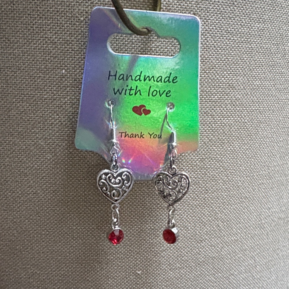 Silver Heart Earrings with Red Gemstone